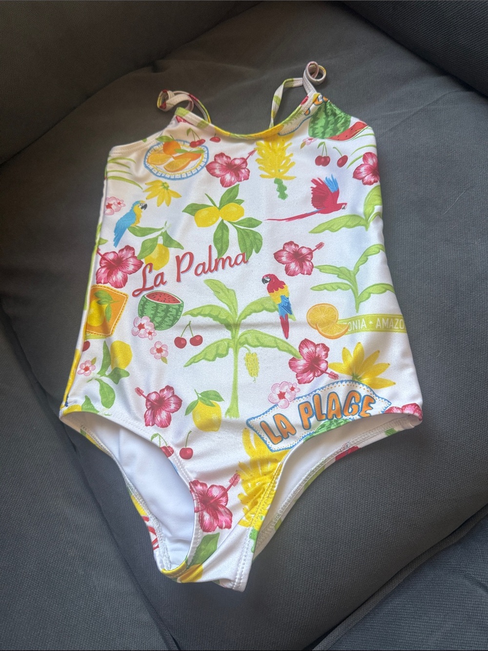Girls' White Tropical Print One-Piece Swimsuit with Bright Fruit & Floral Motifs